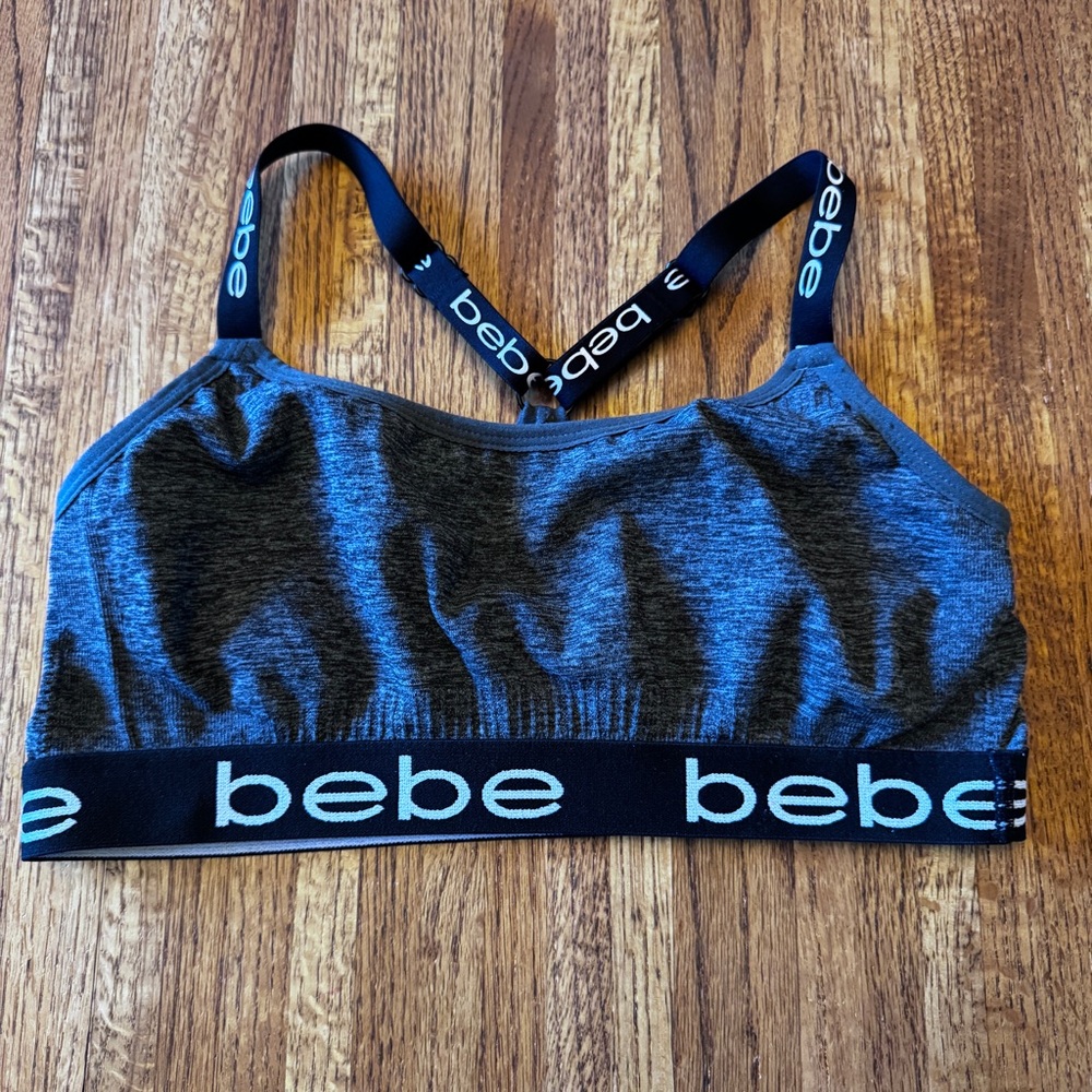Women’s bebe black, white, and gray sports bra, size large